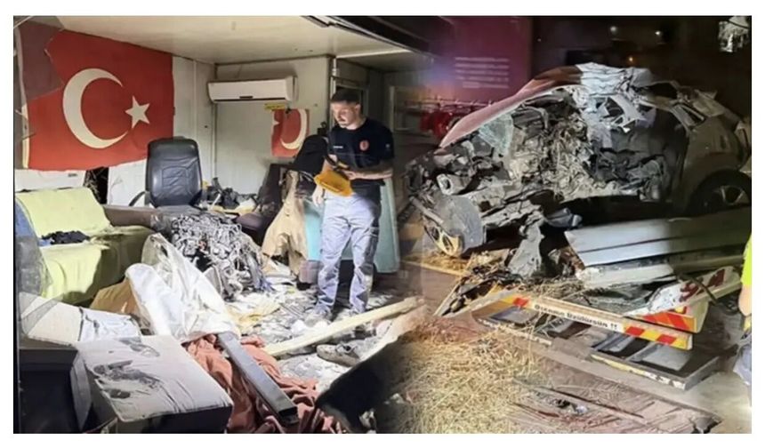 Direğe çarpan otomobilin motoru barakaya girdi